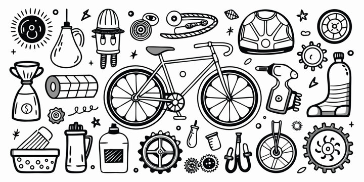 Collection of bicycle parts and accessories in a sketch style