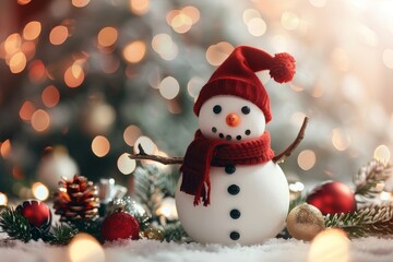 Snowman in festive setup with decorations and blurred lights during winter season