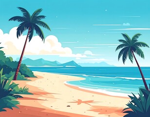 Fototapeta premium Seaside vista; beach with palm trees and ocean. Clouds in azure sky. Mountains in the distance