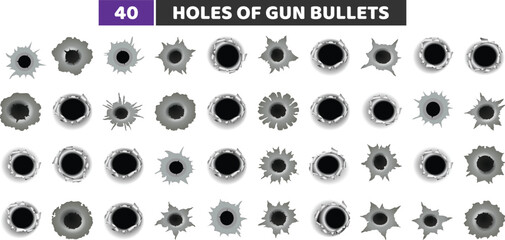 Bullet Holes and Gunshot Damage Icons Set, Realistic Vector Impact Collection © Rahib