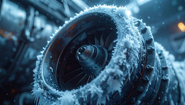 Frozen Engine Marvel: An intricate turbine engine encrusted with glistening ice, revealing its robust machinery and the frosty embrace of a sub-zero environment.