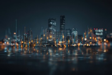 Obraz premium Cityscape at night with abstract financial chart