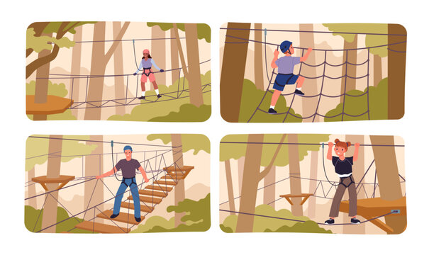 Group of adults and children climbing, balancing, and ziplining on rope park obstacles in a forest, wearing safety harnesses and helmets, outdoor adventure vector illustration