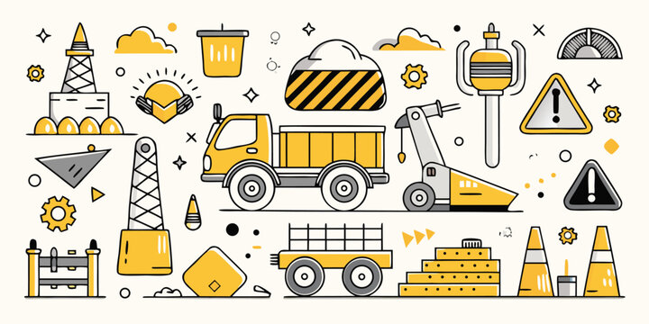 Construction and transportation elements featuring trucks machinery and warning signs construction site imagery