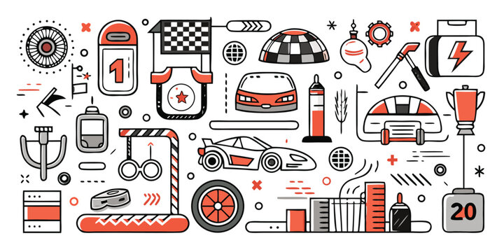 Vibrant racing elements collection with cars trophy and checkered flag graphics - Powered by Adobe