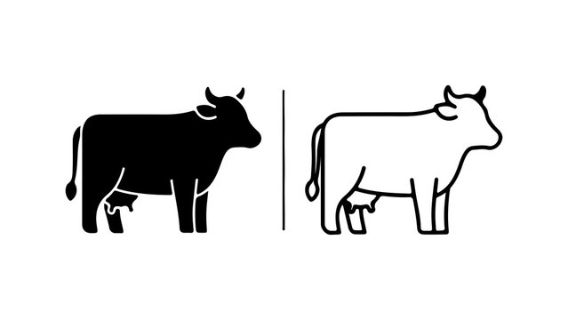 Cow icon set with outline and solid fill