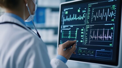 A healthcare professional analyzes a digital monitor displaying medical data and heart rate graphs in a clinical setting.