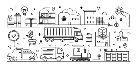 Diverse transportation and delivery vehicles in a stylized cityscape scene