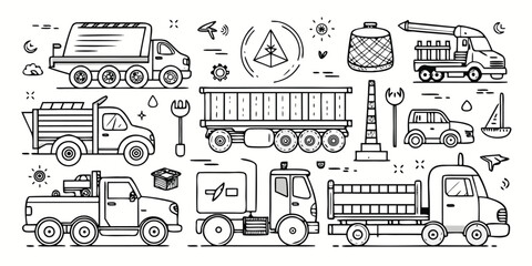 Collection of diverse hand-drawn trucks and vehicles for transportation and construction