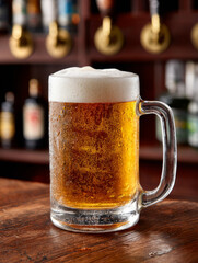 Refreshing frothy mug of beer on a wooden bar counter.