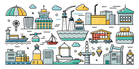 Colorful maritime scene with ships buildings lighthouse and cargo containers transportation icons
