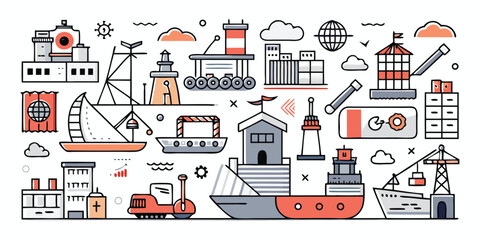 Diverse maritime and industrial transportation vehicles and facilities collection