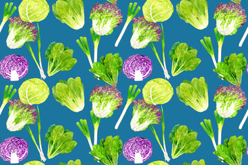 フレッシュな葉物野菜のシームレスパターン　手描き水彩イラスト背景素材