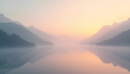 Obraz premium Minimalist Misty Mountains with Sunrise Reflection in Calm Water