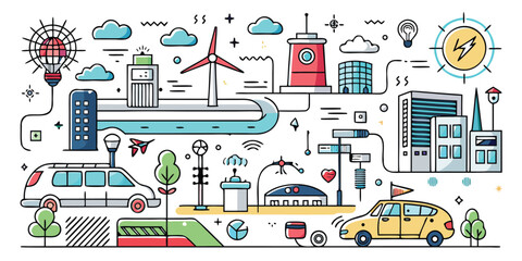 Creative collage of urban life transportation and renewable energy technologies