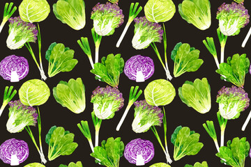フレッシュな葉物野菜のシームレスパターン　手描き水彩イラスト背景素材