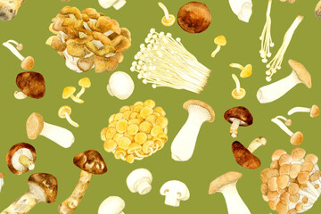 食べられるキノコのシームレスパターン　野菜の手描き水彩イラスト背景素材