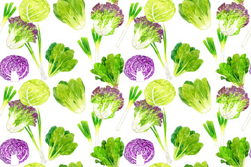 フレッシュな葉物野菜のシームレスパターン　手描き水彩イラスト背景素材