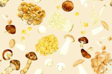 食べられるキノコのシームレスパターン　野菜の手描き水彩イラスト背景素材