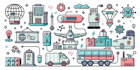 Modern transportation and logistics icons representing global commerce and industry growth