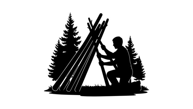 Man building shelter in forest with transparent background