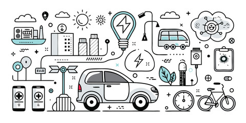 Diverse sustainable transportation and smart city elements concept art