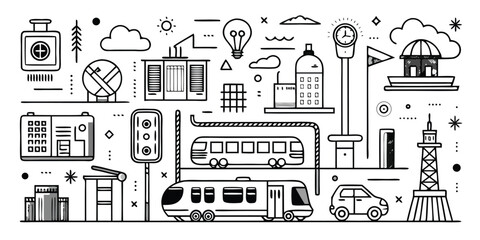 Diverse city transportation and urban elements doodle art style montage