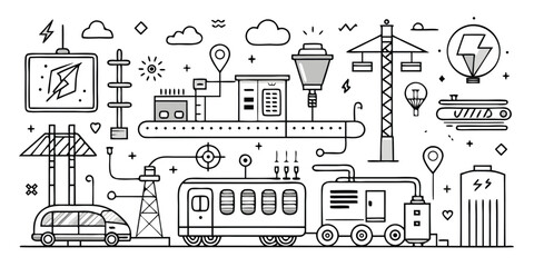 Modern urban transportation network featuring electric cars trains and infrastructure elements