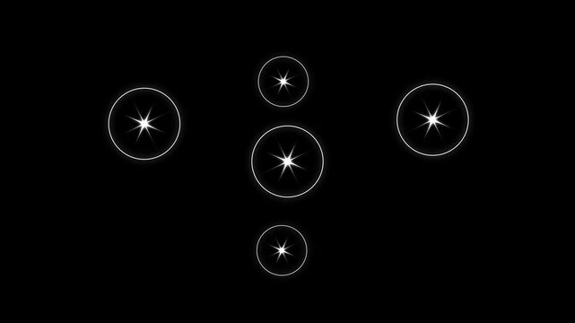 Ellipse burst and twinkle star animation, circle blast firework motion graphics, white glowing stars sparkle, star twinkling for festive holiday event, christmas star on black background. 4K video