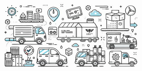 Diverse fleet of delivery vehicles and logistics icons showcasing transportation and shipping services