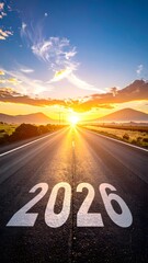 Embark on a bright future driving towards a vibrant 2026 sunrise on an open highway, symbolizing new beginnings and ambitious journeys.