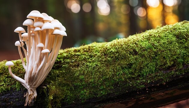Enoki Mushrooms Growing On Mossy Tree Trunk In Autumn Forest Environment