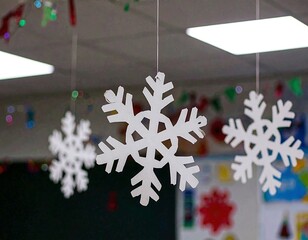 White paper snowflakes hang suspended indoors creating a festive winter display