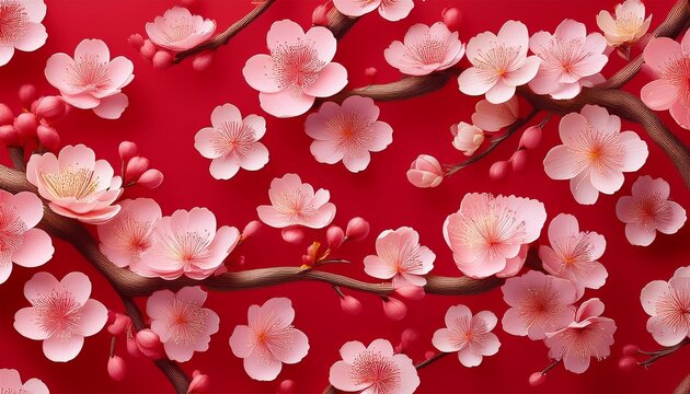 Seamless Pattern Of Traditional Chinese Sakura Flowers On A Branch On A Red Background - Powered by Adobe