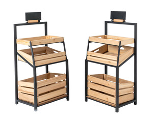 Two metal and wood display shelves with angled wooden crates for produce