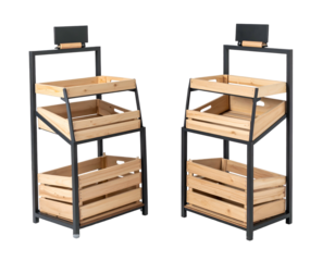 Two metal and wood display shelves with angled wooden crates for produce