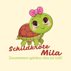 Cartoon turtle girl with a pink bow. Illustration of a cute animal. A ready-made name and slogan for a toy brand or children's business. Greeting card. Image. Template. Vector.