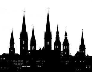 Fototapeta premium Silhouette of a cityscape featuring multiple tall spires and structures against a white background