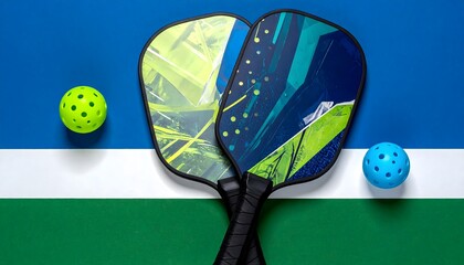 Vibrant pickleball paddles and balls arranged on a colorful court surface, capturing the dynamic energy of the sport