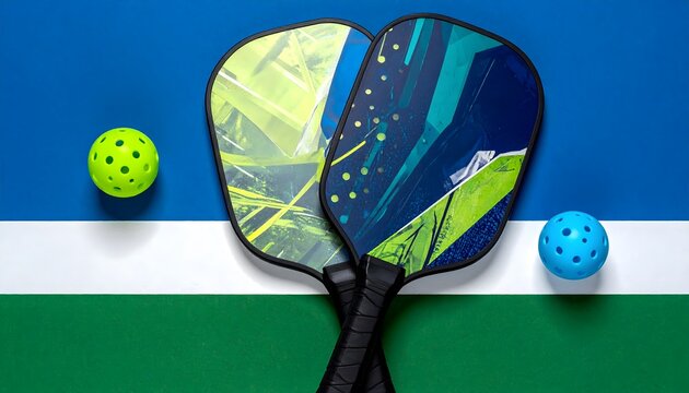 Vibrant pickleball paddles and balls arranged on a colorful court surface, capturing the dynamic energy of the sport