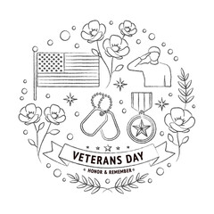 Veterans Day hand-drawn pencil line art illustration — soldier saluting, US flag, medal, poppies, dog tags and laurel wreath in sketch outline style on white background.