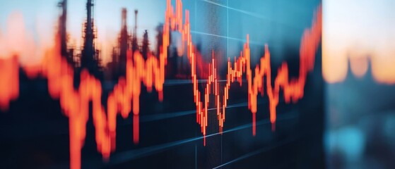 A vivid visualization of stock market trends, showcasing fluctuating graphs against an industrial backdrop at sunset.