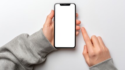 Person holding modern smartphone with blank display digital device interaction and user experience.