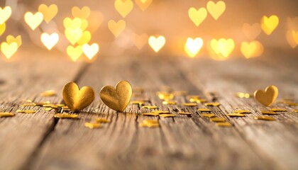 Golden heart confetti scattered on rustic wood with warm bokeh lights creating a romantic and celebratory atmosphere