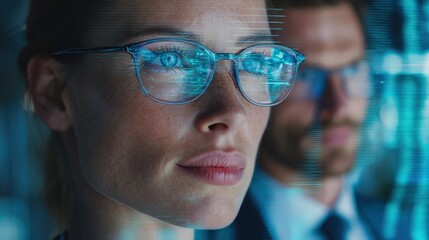 Development Responsibility, executives reviewing environmental and ethical holographic reports for sustainable development, futuristic office space.