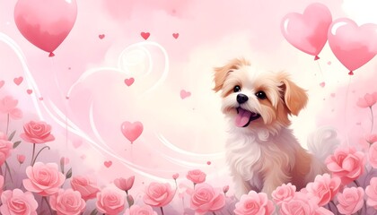 Adorable fluffy puppy surrounded by romantic pink roses and heart balloons, perfect for Valentine's Day or any loving occasion
