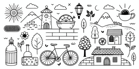 Charming hand-drawn countryside scene with bicycle houses and nature elements