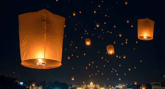 Paper lanterns rising into night sky during Diwali festival 