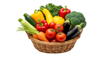 Fresh Vegetables in Wicker Basket with Tomatoes Broccoli Carrots and Bell Peppers