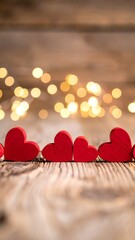 Warm glow of festive lights illuminates a charming row of rustic red wooden hearts on a textured wooden surface, perfect for romance and celebration.